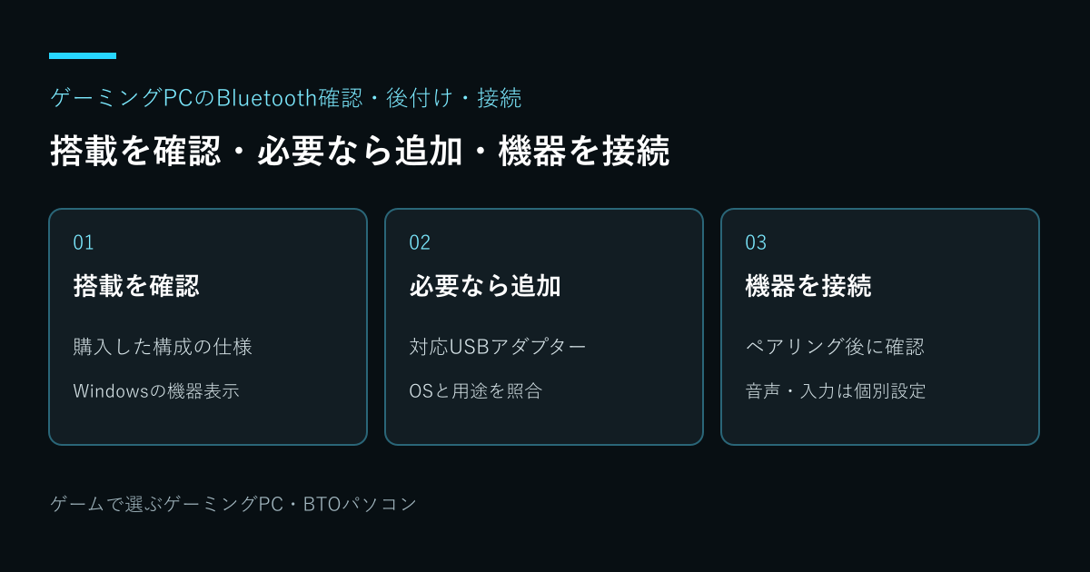 ゲーミングPCのBluetooth確認・後付け・接続:搭載を確認・必要なら追加・機器を接続